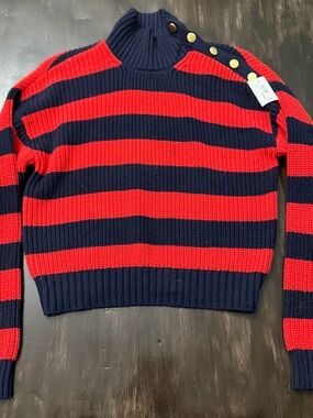Striped Navy & Red Turtleneck Sweater with Button Shoulder